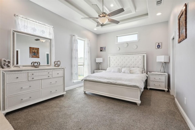 287 La Fortuna Dr, Del Valle, TX 78617 - bedroom with dark colored carpet, recessed lighting, baseboards, a ceiling fan, and a raised ceiling