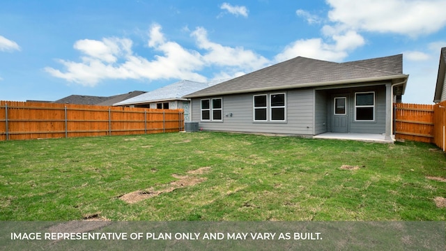 back of property featuring a patio area, a yard, and central AC