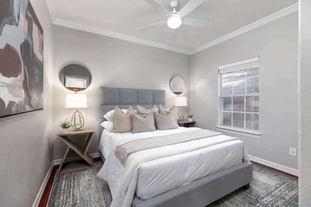 bedroom with dark hardwood / wood-style flooring, ceiling fan, and crown molding