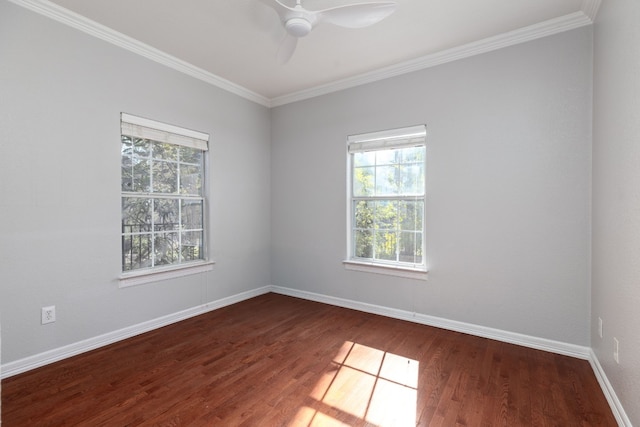 unfurnished room featuring crown molding, hardwood / wood-style floors, and ceiling fan