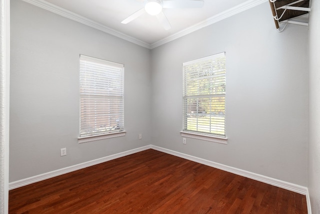 empty room with wood-type flooring, ceiling fan, and ornamental molding