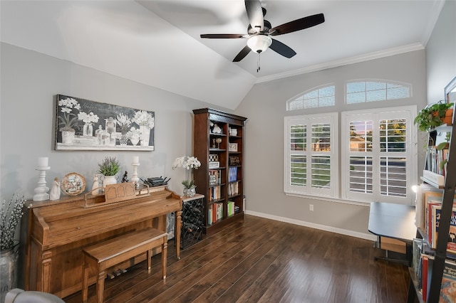 office area with ceiling fan, crown molding, lofted ceiling, and dark wood-type flooring