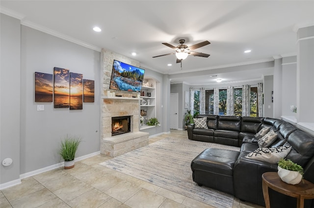 tiled living room featuring ceiling fan, a fireplace, built in features, and ornamental molding