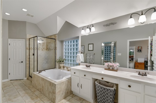 bathroom with plus walk in shower, vanity, lofted ceiling, and a notable chandelier