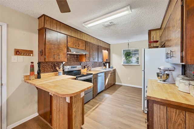 kitchen featuring decorative backsplash, light wood-type flooring, ventilation hood, stainless steel appliances, and sink