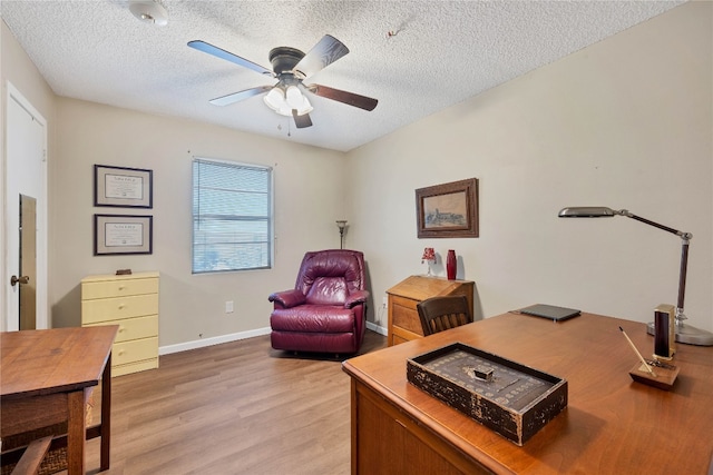 office space with ceiling fan, light hardwood / wood-style flooring, and a textured ceiling