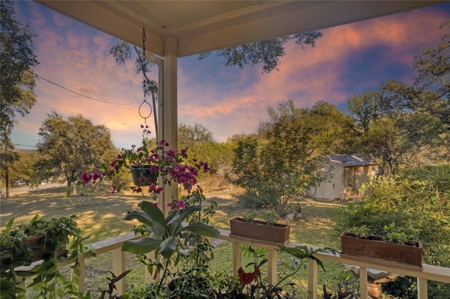 yard at dusk featuring a storage shed