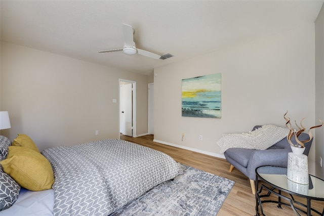 bedroom with ceiling fan and wood-type flooring