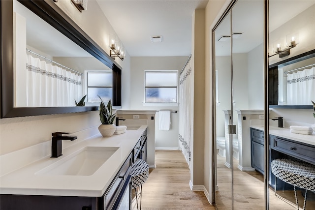 bathroom with vanity, wood-type flooring, and toilet