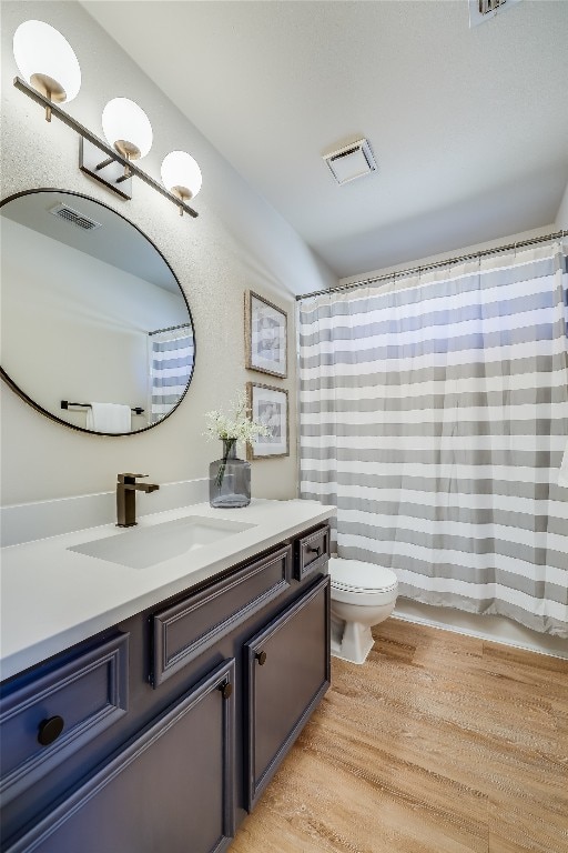 bathroom with wood-type flooring, vanity, and toilet