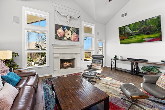 living room with wood-type flooring, high vaulted ceiling, and a wealth of natural light