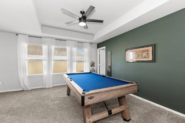 recreation room with carpet flooring, ceiling fan, a raised ceiling, and pool table