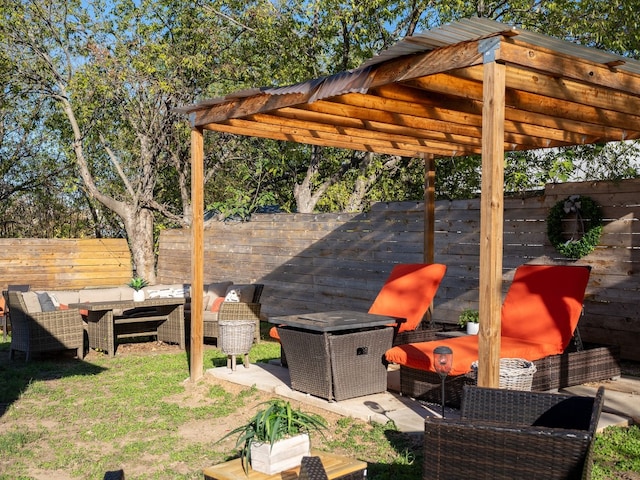 exterior space featuring an outdoor hangout area and a pergola