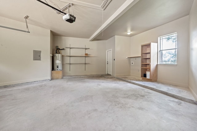 garage featuring electric panel, a garage door opener, and water heater