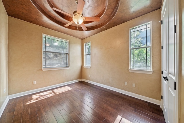 unfurnished room featuring a raised ceiling, ceiling fan, and dark wood-type flooring