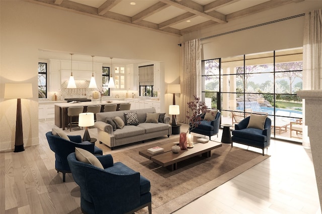 living room featuring beam ceiling, light hardwood / wood-style floors, and coffered ceiling