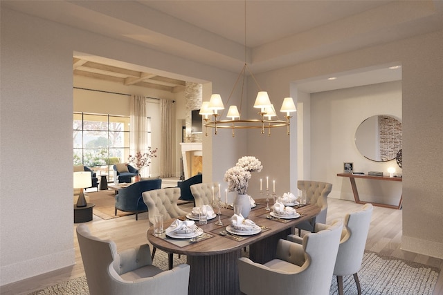 dining room featuring beamed ceiling, light hardwood / wood-style floors, and an inviting chandelier