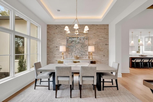 dining room with a raised ceiling, a wealth of natural light, and hardwood / wood-style floors