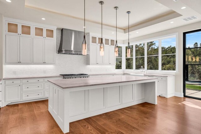 4312 Amarra Dr, Austin, TX 78735 - kitchen with a tray ceiling, visible vents, wall chimney exhaust hood, and a center island