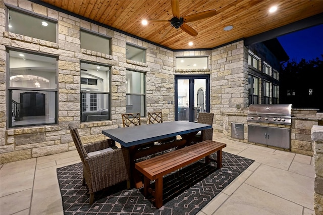 12920 Zen Gardens Way, Austin, TX 78732 - view of patio featuring outdoor dining space, area for grilling, a ceiling fan, and french doors