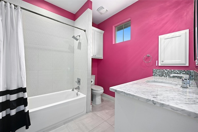 full bathroom featuring tile patterned flooring, shower / bath combination with curtain, toilet, and vanity