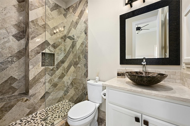 bathroom featuring toilet, vanity, and tiled shower