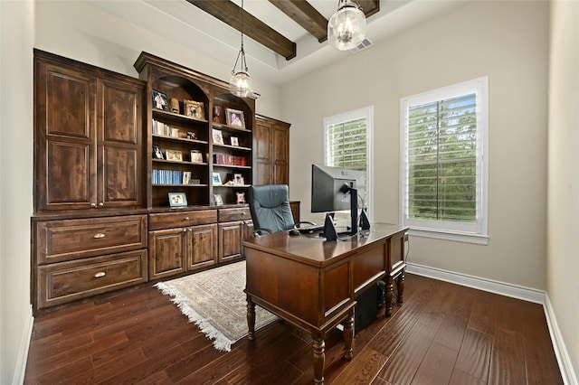 office featuring dark hardwood / wood-style flooring and beamed ceiling