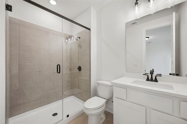 full bathroom with toilet, a stall shower, visible vents, and vanity