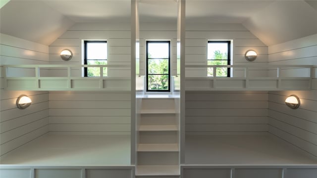 interior space with wood walls and lofted ceiling