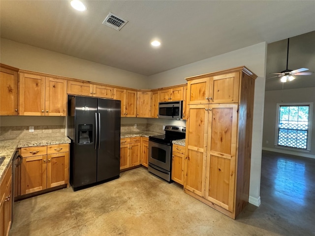 kitchen with backsplash, ceiling fan, and stainless steel appliances