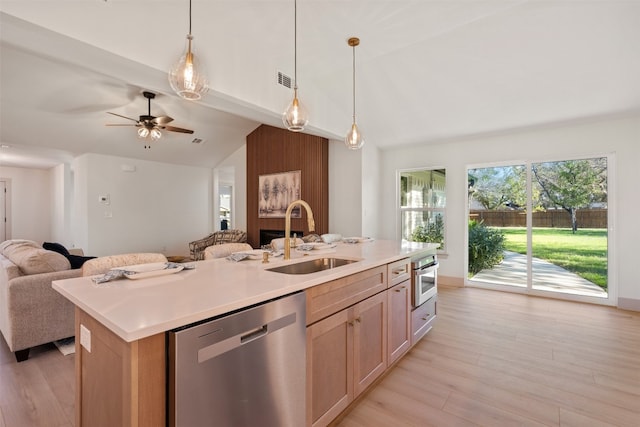 kitchen with stainless steel appliances, vaulted ceiling, sink, light hardwood / wood-style floors, and an island with sink