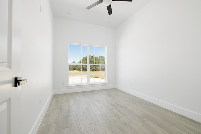 unfurnished room with ceiling fan and light hardwood / wood-style flooring