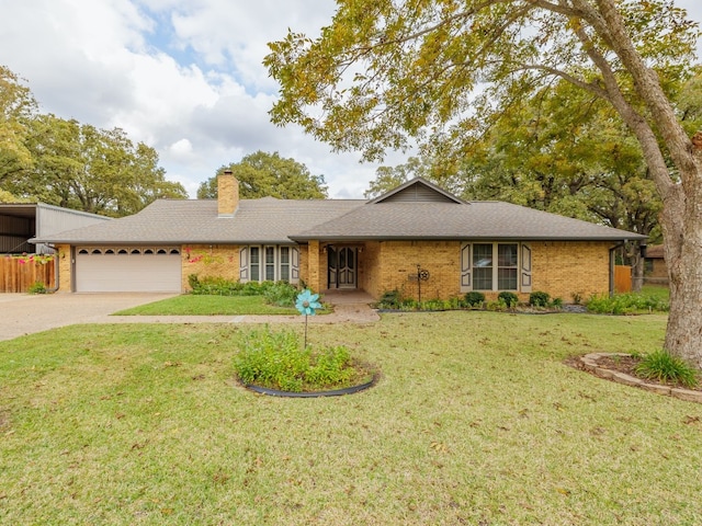 ranch-style house featuring a front lawn and a garage