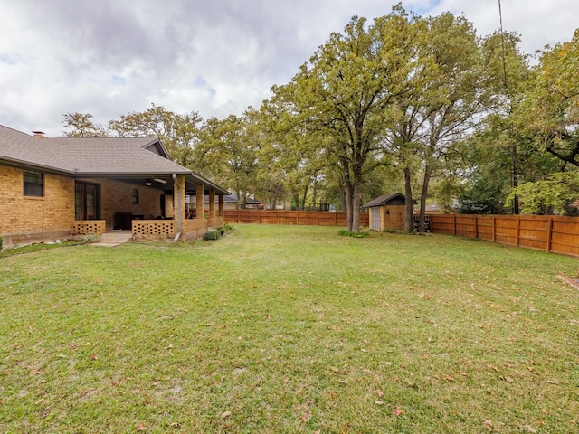 view of yard with a storage shed