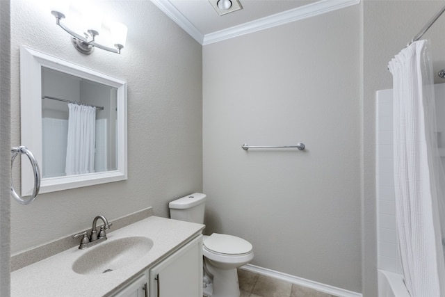 full bathroom with vanity, crown molding, tile patterned flooring, toilet, and shower / tub combo with curtain