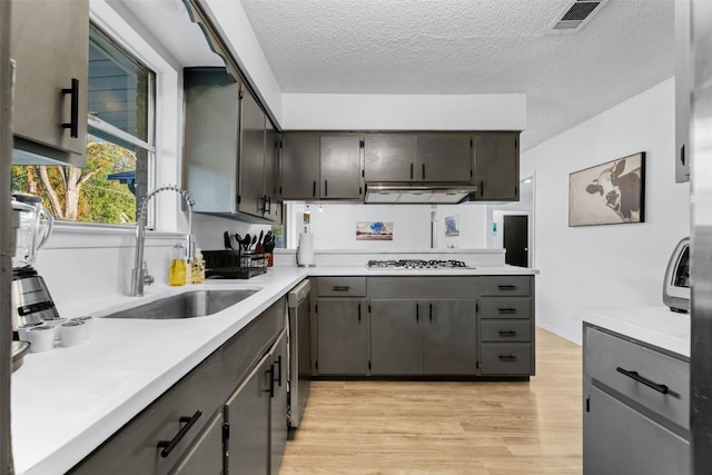 kitchen featuring dishwasher, white gas cooktop, sink, light hardwood / wood-style flooring, and a textured ceiling