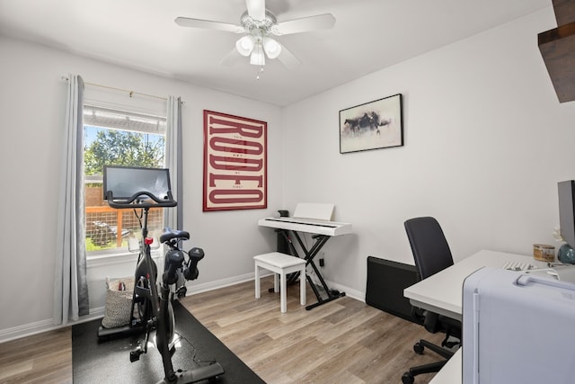 office with ceiling fan and light wood-type flooring