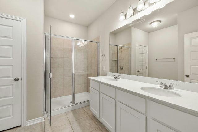 bathroom with vanity, tile patterned floors, and a shower with shower door