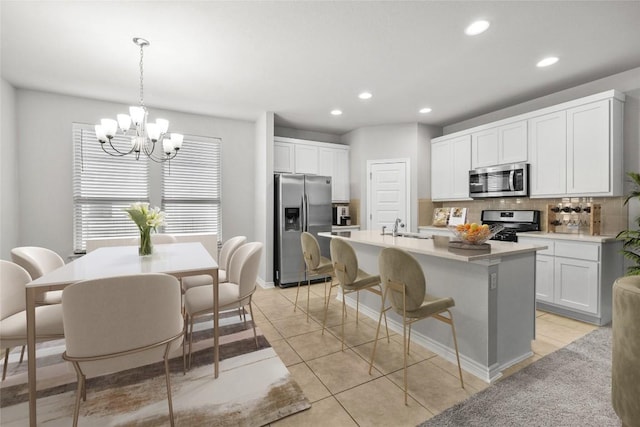 kitchen featuring appliances with stainless steel finishes, backsplash, pendant lighting, a center island with sink, and white cabinetry