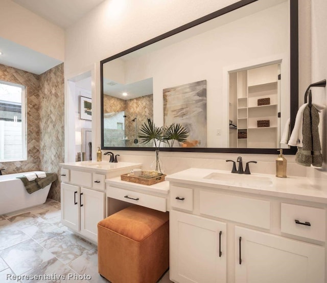 bathroom with plus walk in shower and vanity