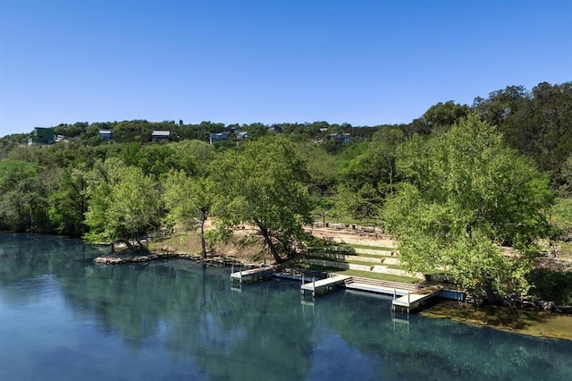 view of water feature with a dock