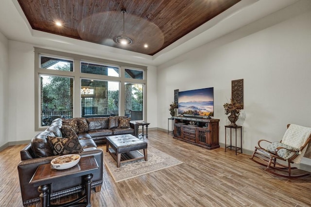121 Winecup Ln, Spring Branch, TX 78070 - living area featuring a raised ceiling, wooden ceiling, and wood finished floors