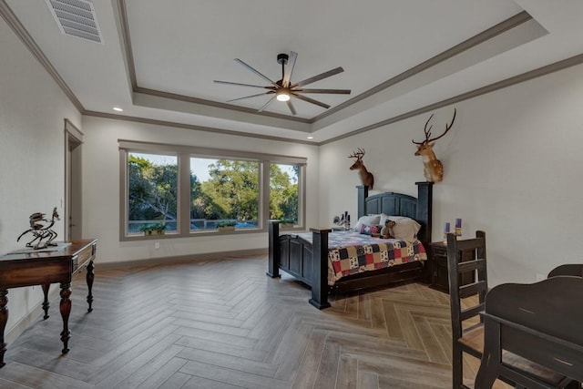 121 Winecup Ln, Spring Branch, TX 78070 - bedroom with a raised ceiling, crown molding, recessed lighting, and ceiling fan