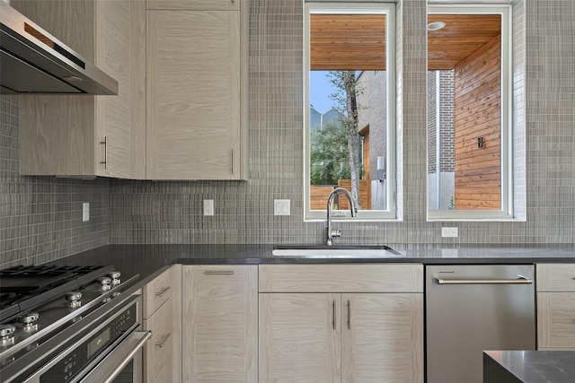 900 S 2nd St Unit 18, Austin, TX 78704 - kitchen featuring ventilation hood, stainless steel appliances, a sink, tasteful backsplash, and dark countertops