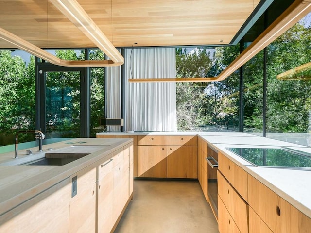 interior space with wood ceiling and sink