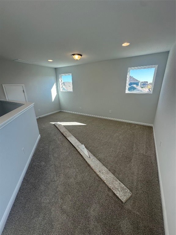 basement with dark carpet