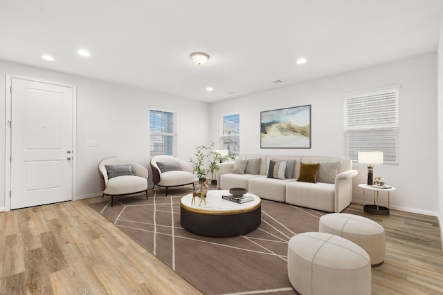 living room with light hardwood / wood-style flooring