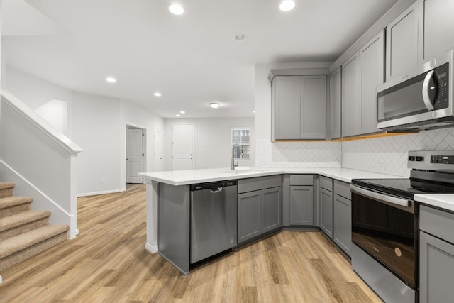 kitchen with sink, gray cabinetry, kitchen peninsula, stainless steel appliances, and backsplash