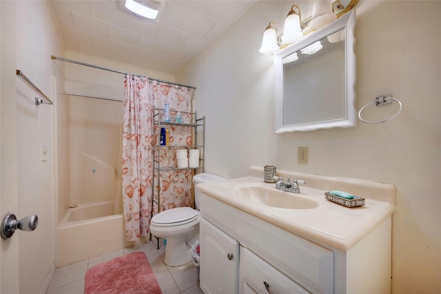 full bathroom with tile patterned flooring, vanity, toilet, and shower / bathtub combination with curtain