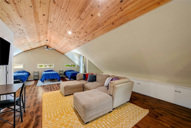 living room with hardwood / wood-style flooring, lofted ceiling, and wood ceiling